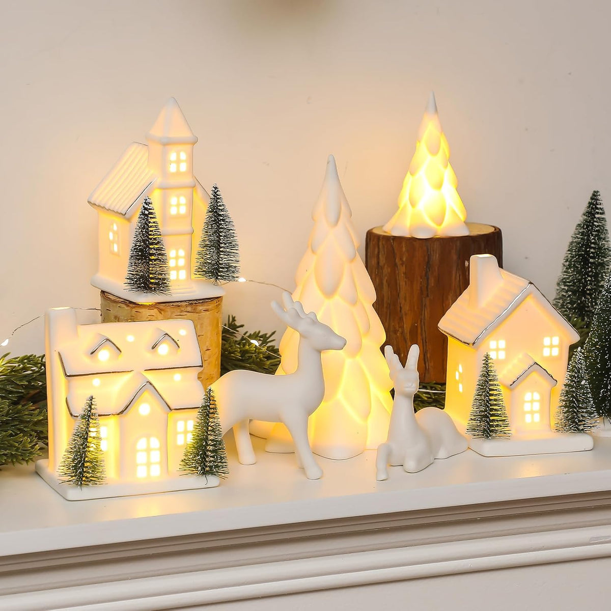 12 Pcs Ceramic Christmas Village Set, 3 White Village Houses with Lights 2 LED Ceramic Christmas Tree 2 Porcelain Reindeer Figurines 5 Sisal Tree for Xmas Winter Holiday Fireplace Tabletop Decor