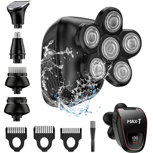 5-In-1 Head Shaver for Bald Men, 6D Floating Heads, Waterproof Wet/Dry Shower Shave, LED Display, 90Min Runtime, Grooming Kit, Gift for Men