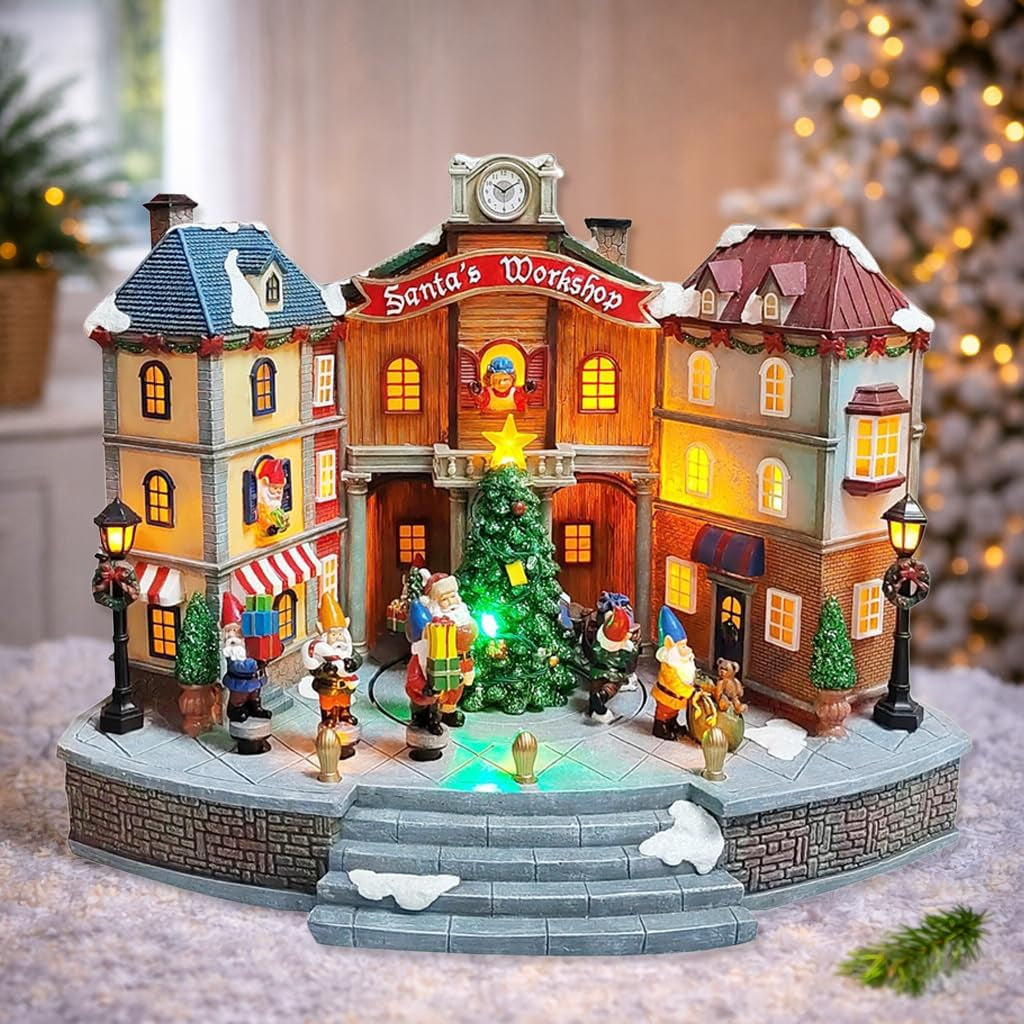 Animated Santa’S Workshop Town Center 10.83” LED Lights, Moving Christmas Tree, 8 Classic Carols, Power Adapter Included Hand-Painted Polyresin Christmas Village