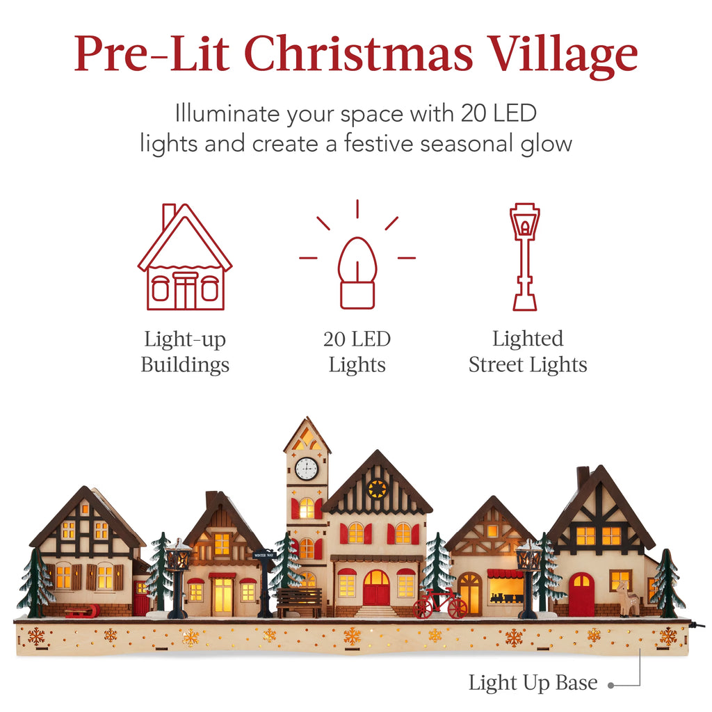 Pre-Lit Wooden Christmas Village, Plug-In/Battery-Powered Winter Mantel Decor W/ 20 LED Lights