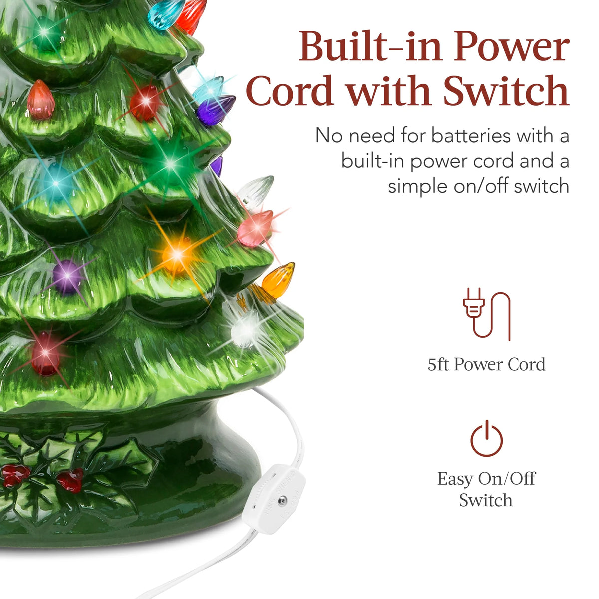Ceramic Christmas Tree, Pre-Lit Hand-Painted Tabletop Holiday Tree - Green W/ Multicolored Lights