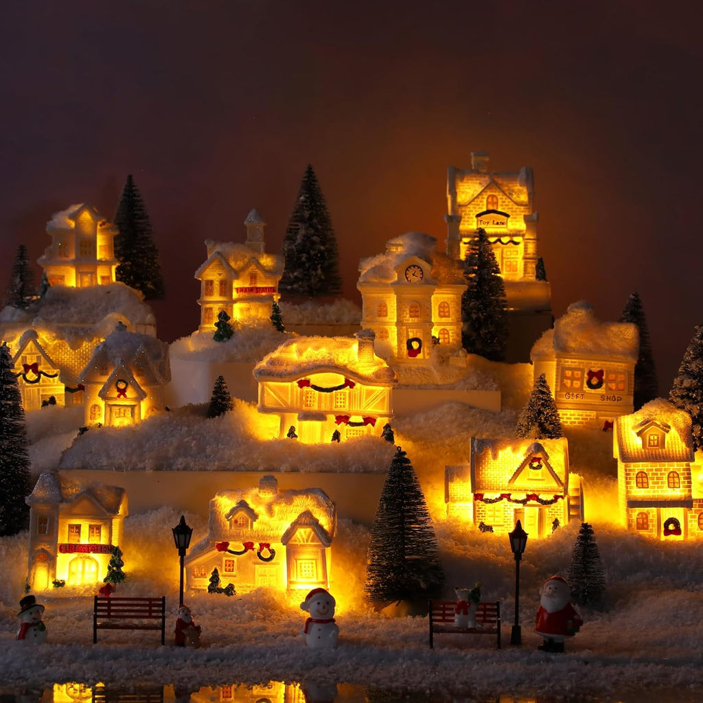 24 Pcs Christmas Houses Village Set with Lights, White, Cute