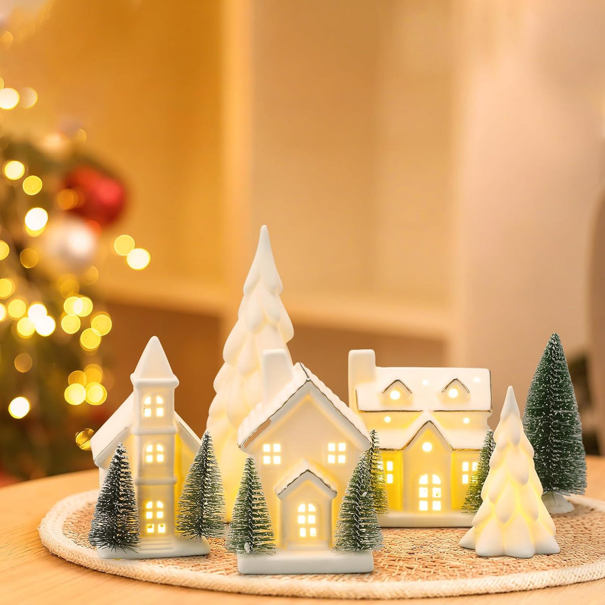 12 Pcs Ceramic Christmas Village Set, 3 White Village Houses with Lights 2 LED Ceramic Christmas Tree 2 Porcelain Reindeer Figurines 5 Sisal Tree for Xmas Winter Holiday Fireplace Tabletop Decor
