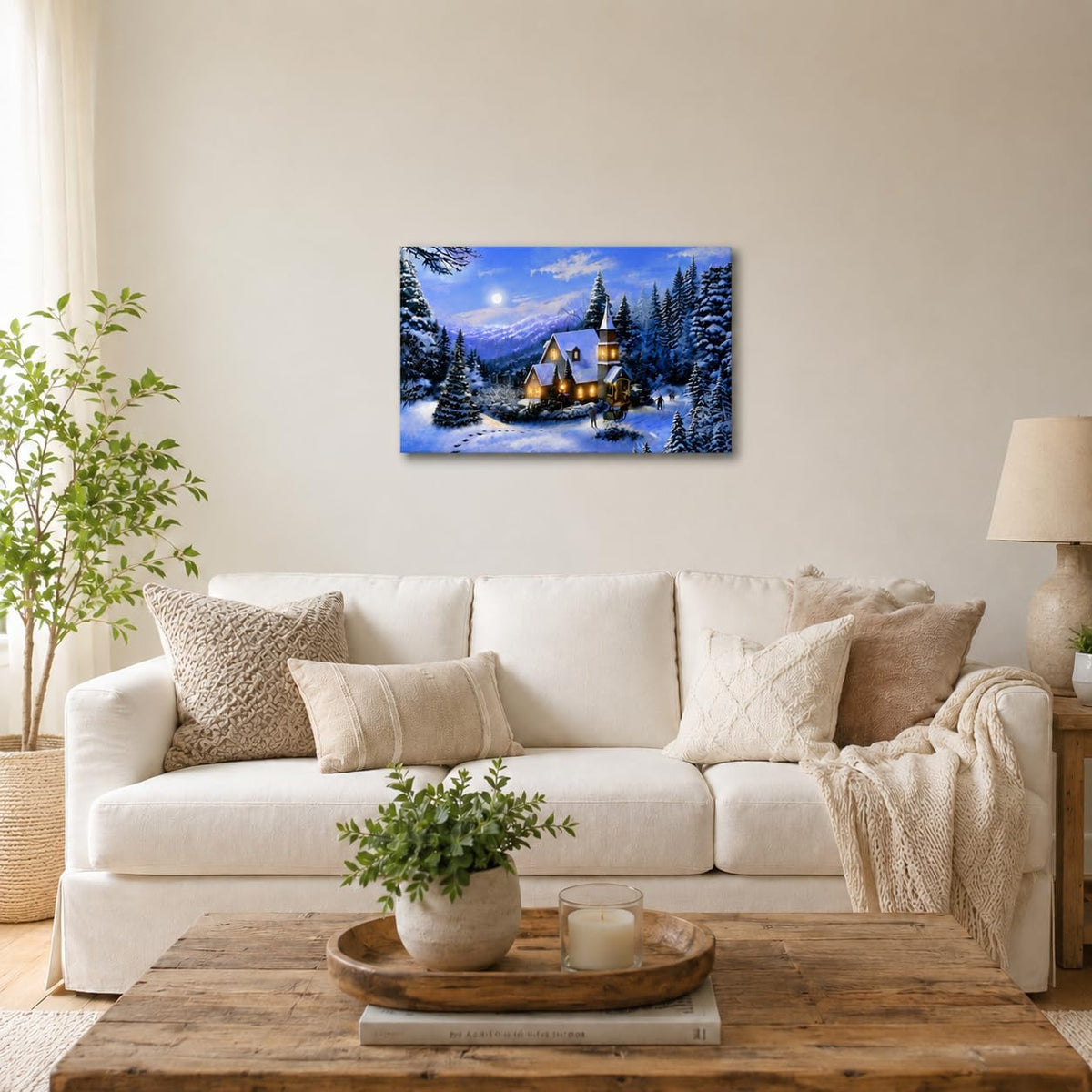 LED Lighted Church Christmas Canvas Wall Art, Winter Woodland Snowy Forest Print, Country Church Holiday Decor, Battery Operated Light up Christmas Wall Picture, 11.75 X 15.75 Inch